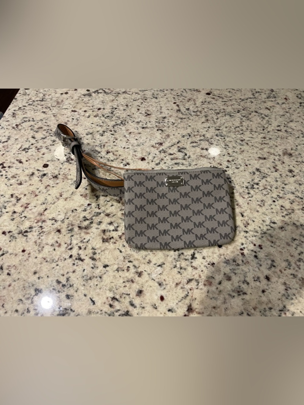 Michael Kors Gray MK Monogram Wristlet with Tan Strap